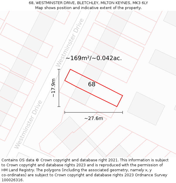 68, WESTMINSTER DRIVE, BLETCHLEY, MILTON KEYNES, MK3 6LY: Plot and title map