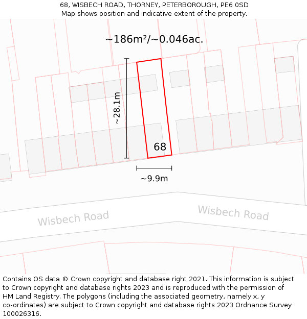 68, WISBECH ROAD, THORNEY, PETERBOROUGH, PE6 0SD: Plot and title map