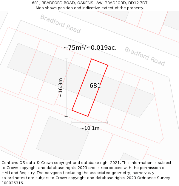 681, BRADFORD ROAD, OAKENSHAW, BRADFORD, BD12 7DT: Plot and title map