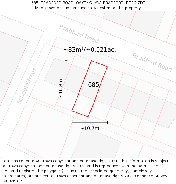 685, BRADFORD ROAD, OAKENSHAW, BRADFORD, BD12 7DT: Plot and title map