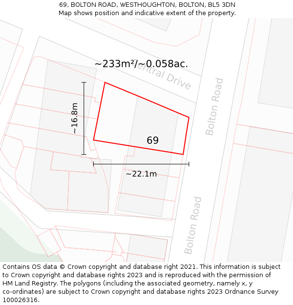 69, BOLTON ROAD, WESTHOUGHTON, BOLTON, BL5 3DN: Plot and title map