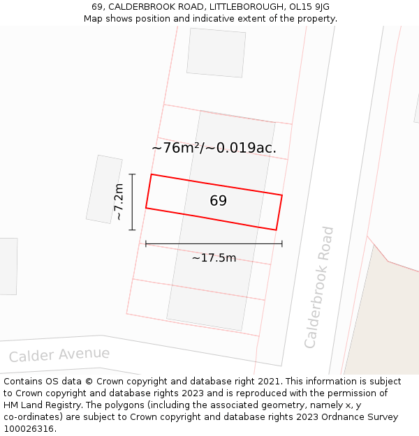69, CALDERBROOK ROAD, LITTLEBOROUGH, OL15 9JG: Plot and title map