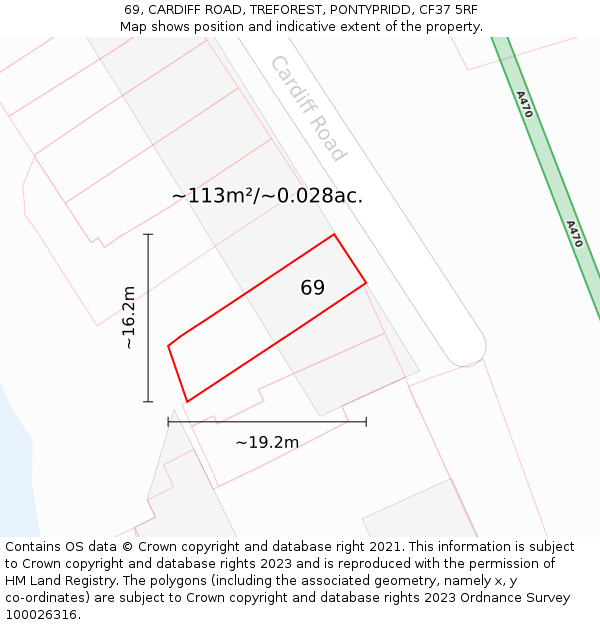 69, CARDIFF ROAD, TREFOREST, PONTYPRIDD, CF37 5RF: Plot and title map