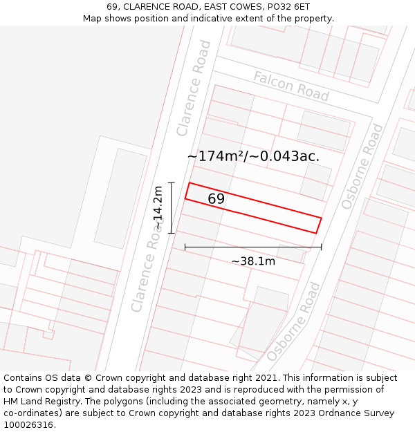 69, CLARENCE ROAD, EAST COWES, PO32 6ET: Plot and title map