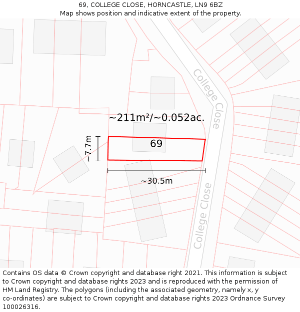 69, COLLEGE CLOSE, HORNCASTLE, LN9 6BZ: Plot and title map