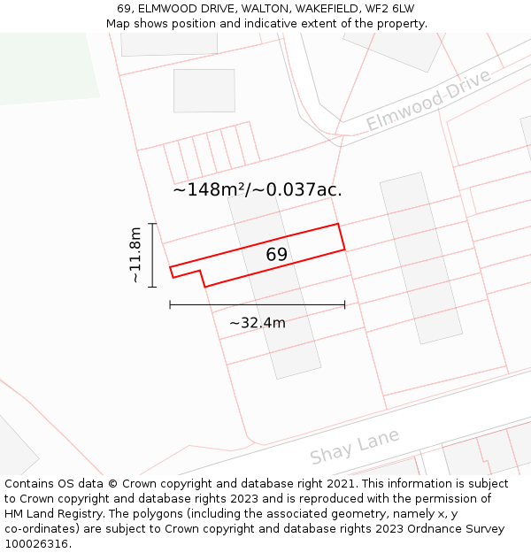 69, ELMWOOD DRIVE, WALTON, WAKEFIELD, WF2 6LW: Plot and title map