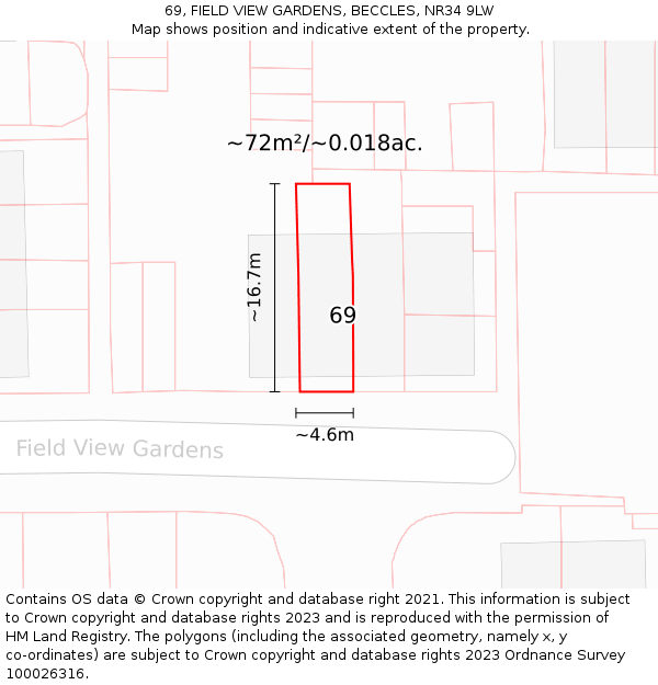 69, FIELD VIEW GARDENS, BECCLES, NR34 9LW: Plot and title map