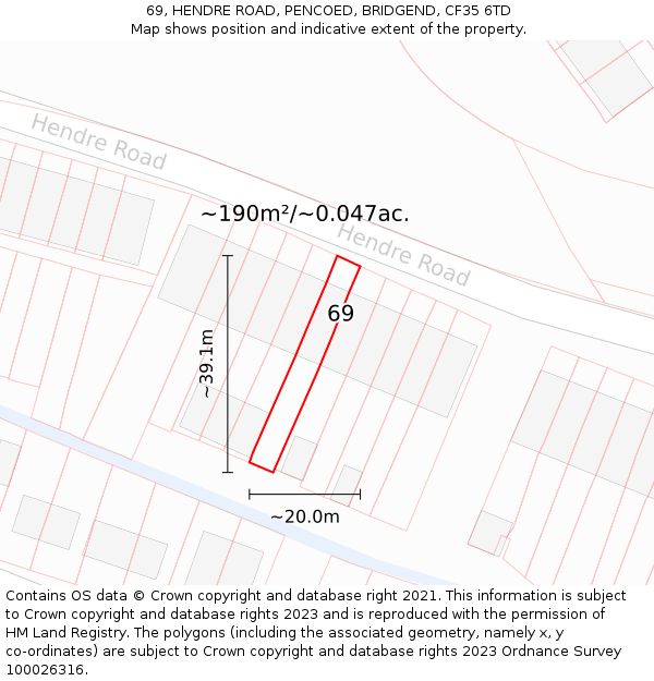 69, HENDRE ROAD, PENCOED, BRIDGEND, CF35 6TD: Plot and title map