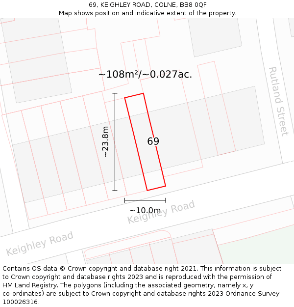69, KEIGHLEY ROAD, COLNE, BB8 0QF: Plot and title map
