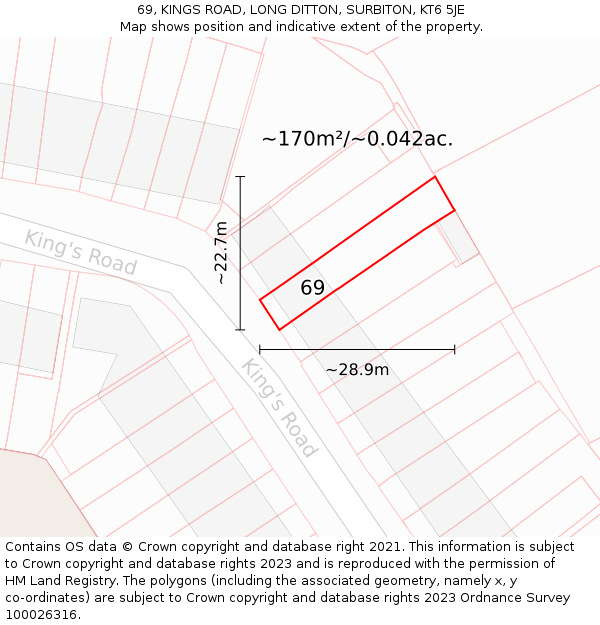 69, KINGS ROAD, LONG DITTON, SURBITON, KT6 5JE: Plot and title map