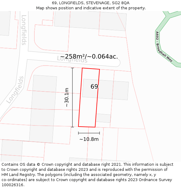69, LONGFIELDS, STEVENAGE, SG2 8QA: Plot and title map