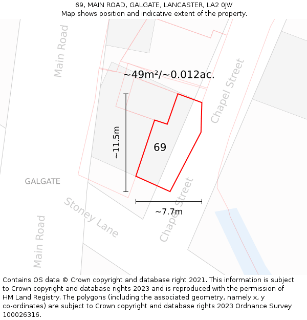 69, MAIN ROAD, GALGATE, LANCASTER, LA2 0JW: Plot and title map