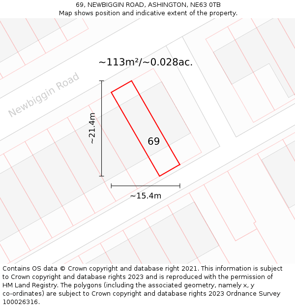 69, NEWBIGGIN ROAD, ASHINGTON, NE63 0TB: Plot and title map