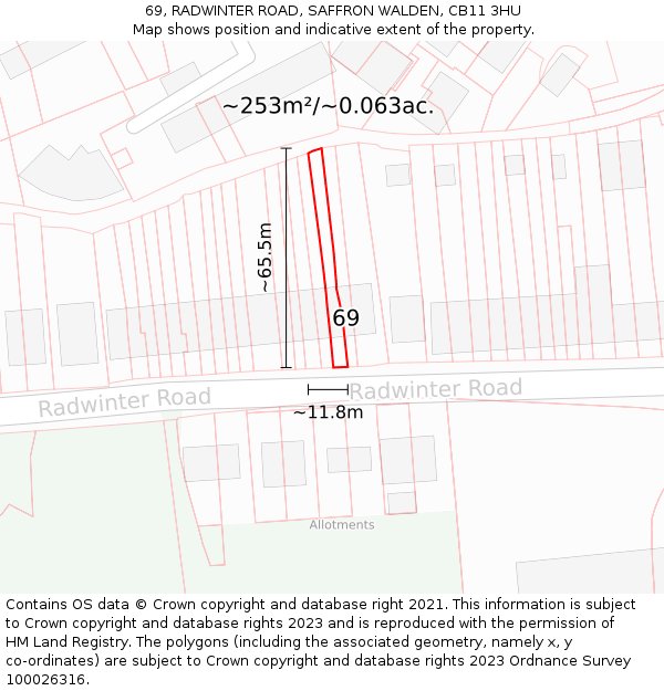 69, RADWINTER ROAD, SAFFRON WALDEN, CB11 3HU: Plot and title map