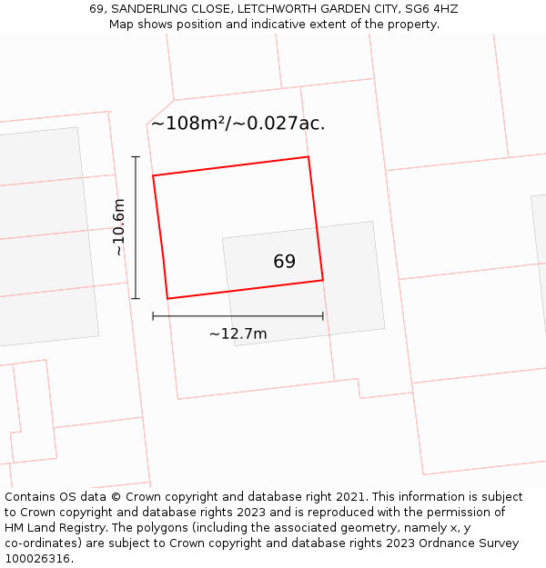 69, SANDERLING CLOSE, LETCHWORTH GARDEN CITY, SG6 4HZ: Plot and title map