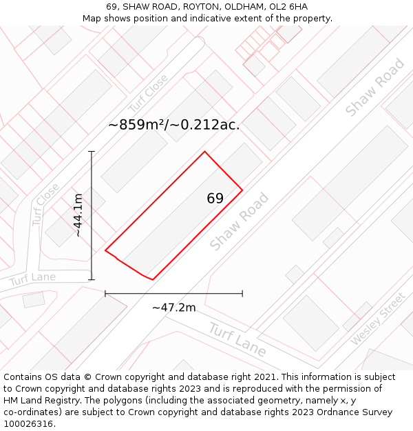 69, SHAW ROAD, ROYTON, OLDHAM, OL2 6HA: Plot and title map