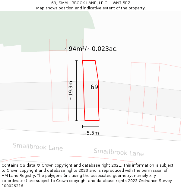 69, SMALLBROOK LANE, LEIGH, WN7 5PZ: Plot and title map