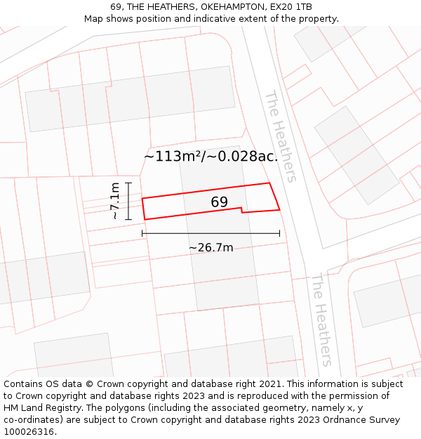 69, THE HEATHERS, OKEHAMPTON, EX20 1TB: Plot and title map