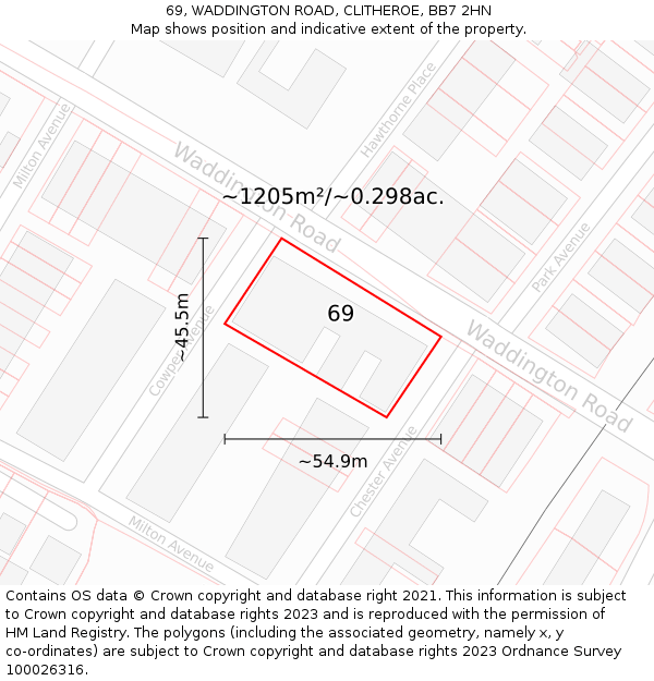 69, WADDINGTON ROAD, CLITHEROE, BB7 2HN: Plot and title map