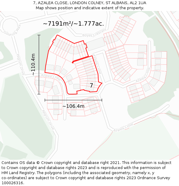 7, AZALEA CLOSE, LONDON COLNEY, ST ALBANS, AL2 1UA: Plot and title map