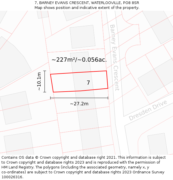 7, BARNEY EVANS CRESCENT, WATERLOOVILLE, PO8 8SR: Plot and title map