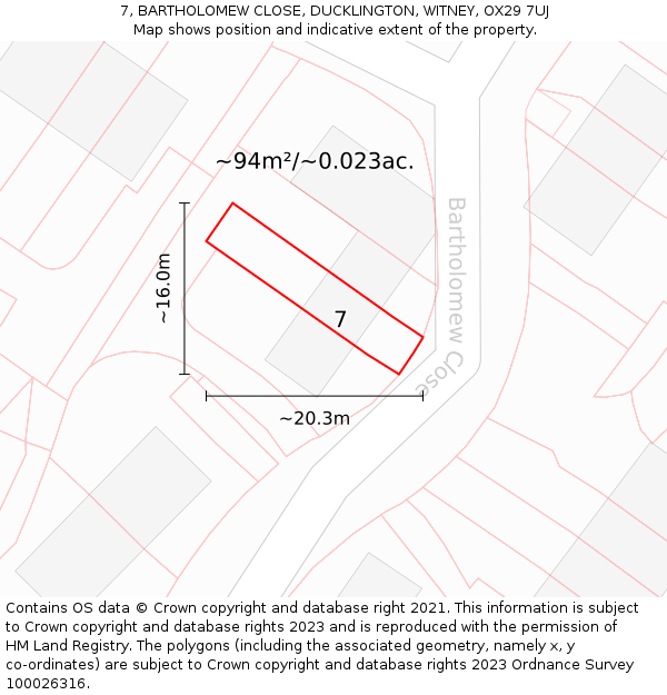 7, BARTHOLOMEW CLOSE, DUCKLINGTON, WITNEY, OX29 7UJ: Plot and title map