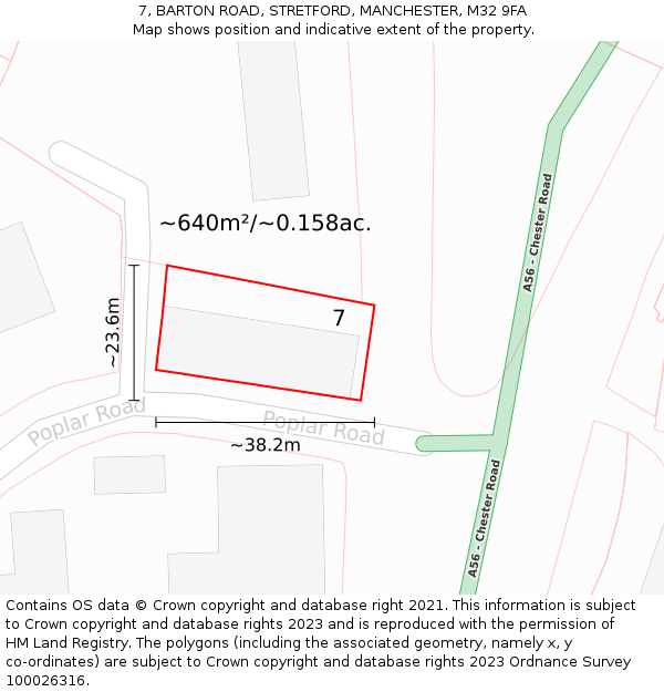 7, BARTON ROAD, STRETFORD, MANCHESTER, M32 9FA: Plot and title map