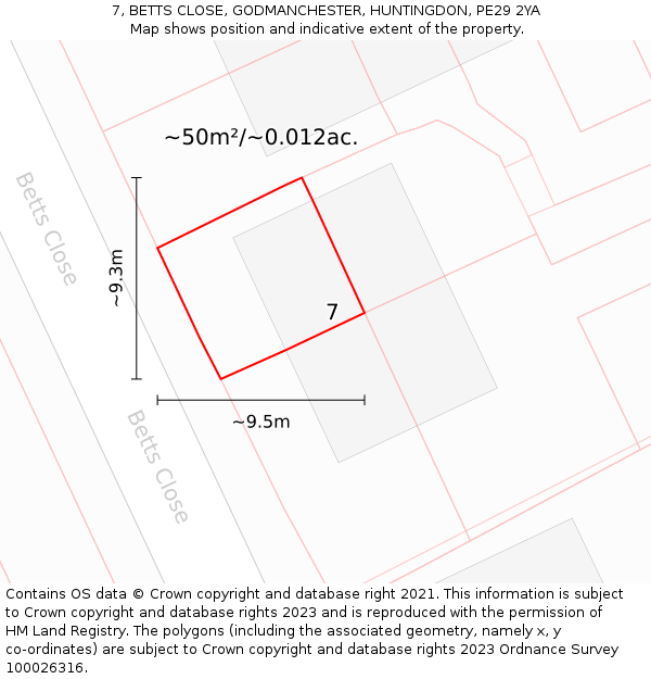 7, BETTS CLOSE, GODMANCHESTER, HUNTINGDON, PE29 2YA: Plot and title map