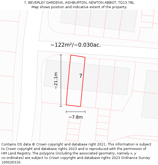 7, BEVERLEY GARDENS, ASHBURTON, NEWTON ABBOT, TQ13 7BL: Plot and title map
