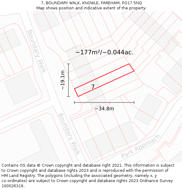 7, BOUNDARY WALK, KNOWLE, FAREHAM, PO17 5NQ: Plot and title map