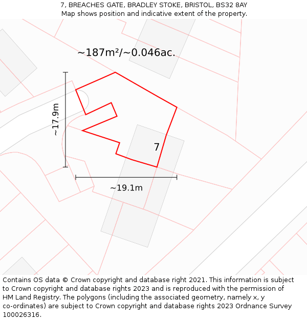 7, BREACHES GATE, BRADLEY STOKE, BRISTOL, BS32 8AY: Plot and title map