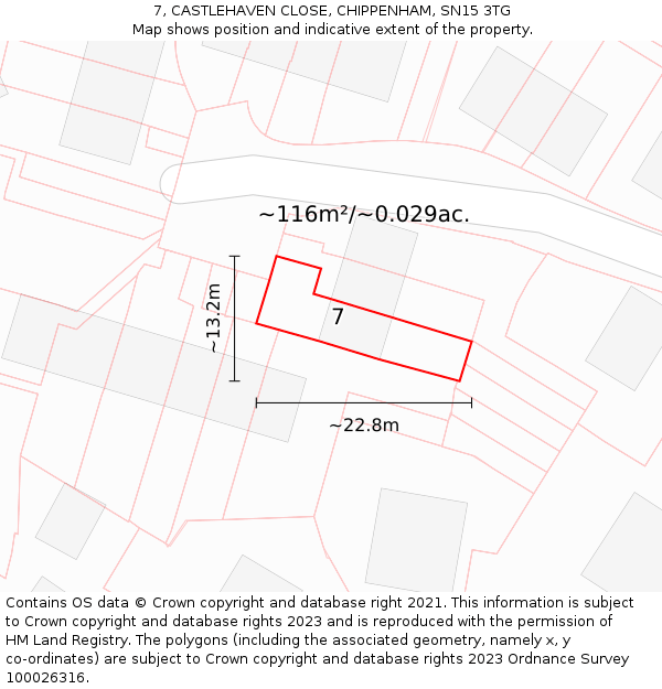 7, CASTLEHAVEN CLOSE, CHIPPENHAM, SN15 3TG: Plot and title map