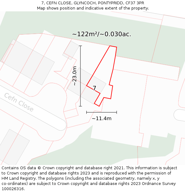 7, CEFN CLOSE, GLYNCOCH, PONTYPRIDD, CF37 3PR: Plot and title map