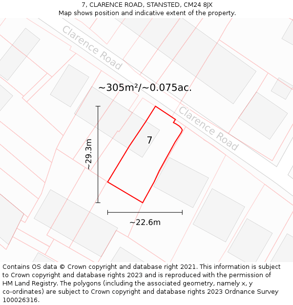 7, CLARENCE ROAD, STANSTED, CM24 8JX: Plot and title map