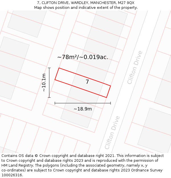 7, CLIFTON DRIVE, WARDLEY, MANCHESTER, M27 9QX: Plot and title map