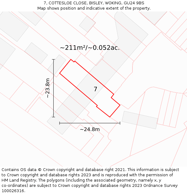 7, COTTESLOE CLOSE, BISLEY, WOKING, GU24 9BS: Plot and title map