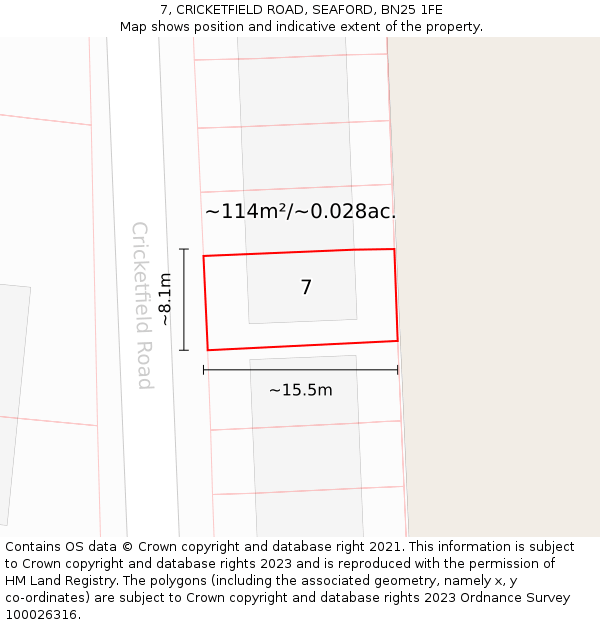7, CRICKETFIELD ROAD, SEAFORD, BN25 1FE: Plot and title map
