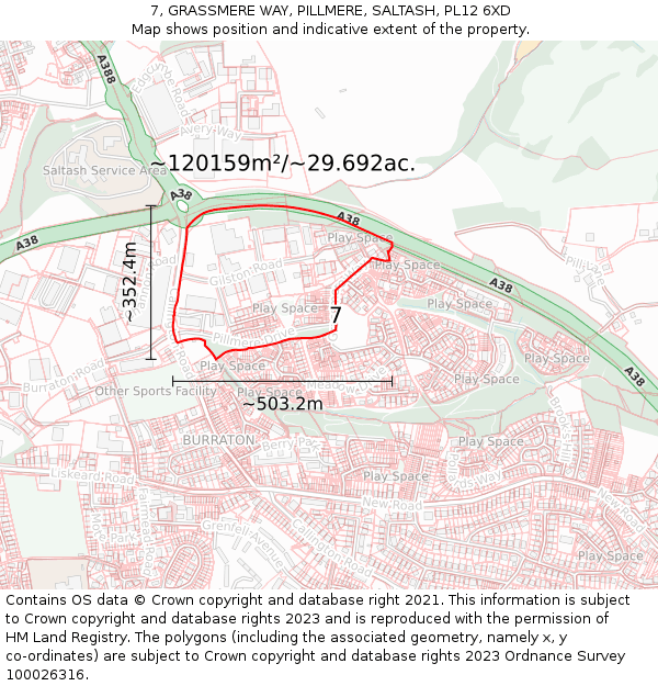 7, GRASSMERE WAY, PILLMERE, SALTASH, PL12 6XD: Plot and title map