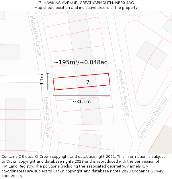 7, HAWKINS AVENUE, GREAT YARMOUTH, NR30 4AG: Plot and title map