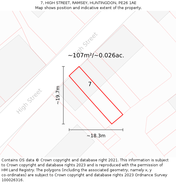 7, HIGH STREET, RAMSEY, HUNTINGDON, PE26 1AE: Plot and title map