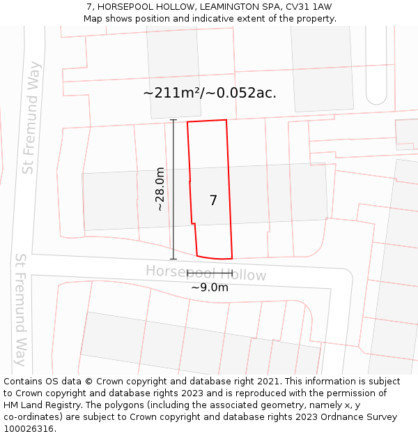 7, HORSEPOOL HOLLOW, LEAMINGTON SPA, CV31 1AW: Plot and title map