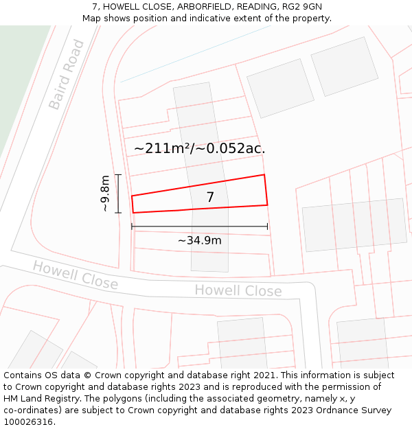7, HOWELL CLOSE, ARBORFIELD, READING, RG2 9GN: Plot and title map