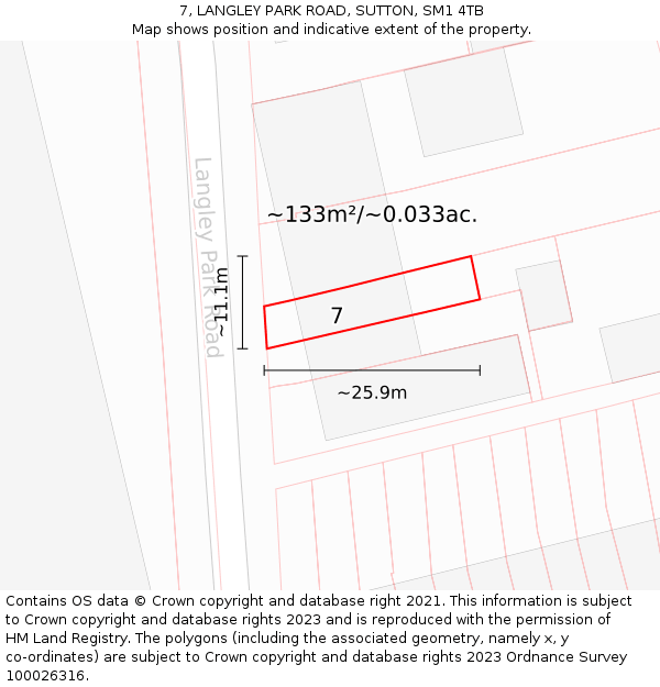 7, LANGLEY PARK ROAD, SUTTON, SM1 4TB: Plot and title map