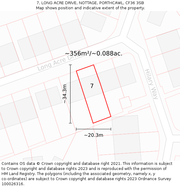 7, LONG ACRE DRIVE, NOTTAGE, PORTHCAWL, CF36 3SB: Plot and title map