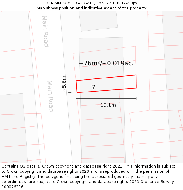 7, MAIN ROAD, GALGATE, LANCASTER, LA2 0JW: Plot and title map