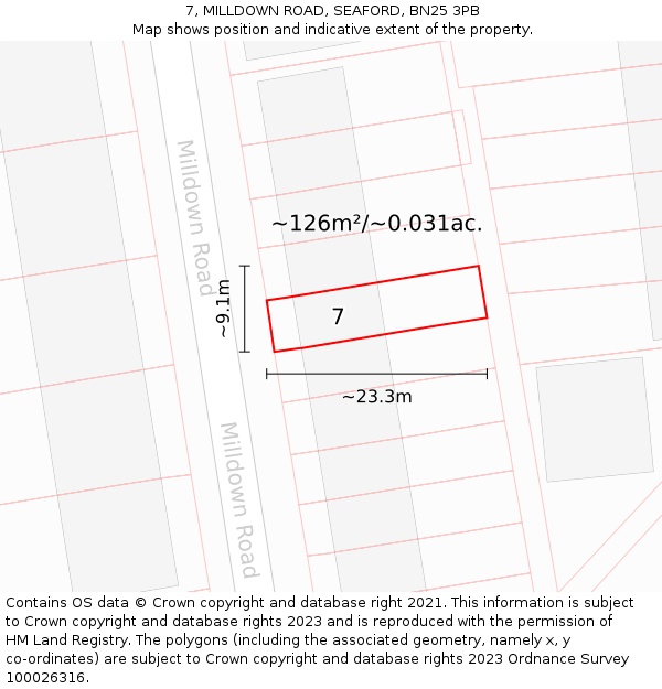 7, MILLDOWN ROAD, SEAFORD, BN25 3PB: Plot and title map
