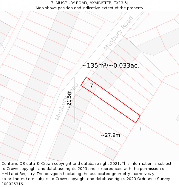 7, MUSBURY ROAD, AXMINSTER, EX13 5JJ: Plot and title map