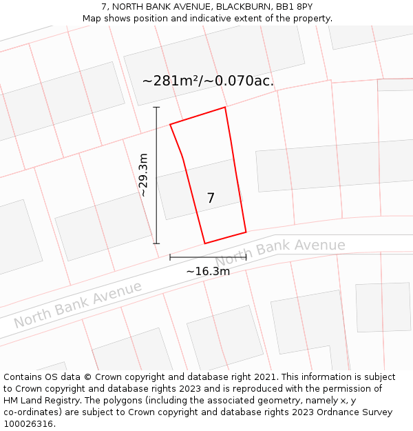 7, NORTH BANK AVENUE, BLACKBURN, BB1 8PY: Plot and title map