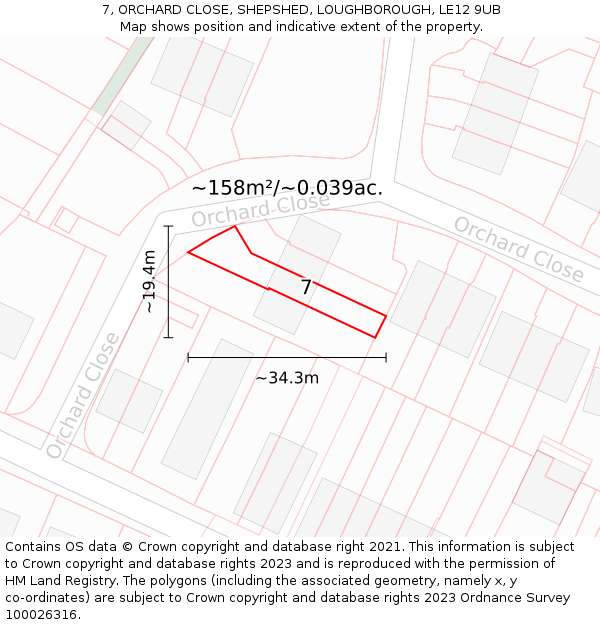 7, ORCHARD CLOSE, SHEPSHED, LOUGHBOROUGH, LE12 9UB: Plot and title map