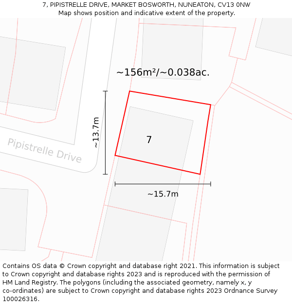 7, PIPISTRELLE DRIVE, MARKET BOSWORTH, NUNEATON, CV13 0NW: Plot and title map